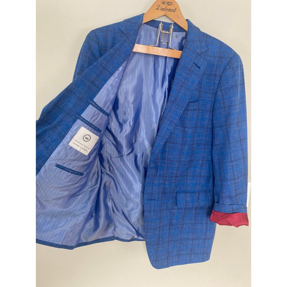 Joshua Gold Custom Plaid Wool Silk Linen Blazer Plaid Blue Mens 40